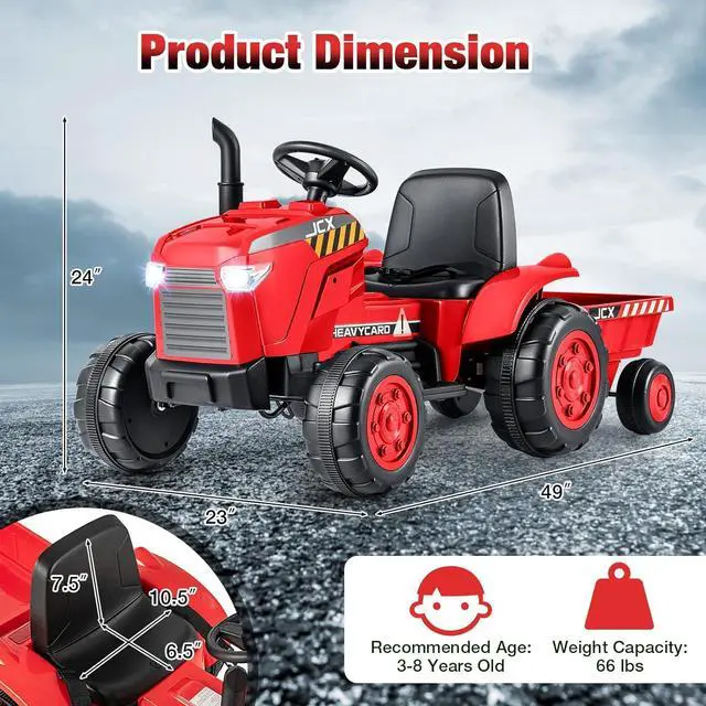Alt view image 7 of 7 - Costzon 2-in-1 Ride On Tractor, 12V Kids Ride on Car w/Detachable Trailer, Remote Control, Wireless Connection, Horn, Music, Lights, Spring Suspensions, Tractor Toys for Kids 3-8 (Red)