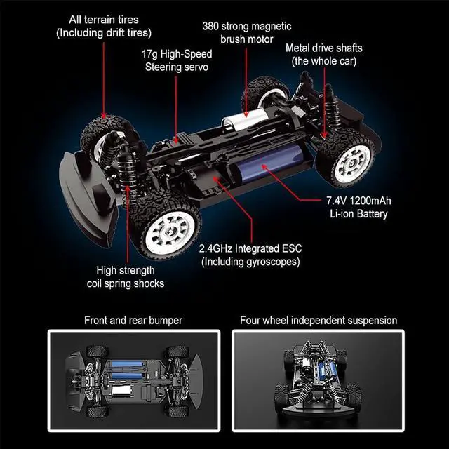 Alt view image 4 of 7 - Remote Control Car, 1/16 Scale 30KM/H High Speed Fast RC Drift Car, 2.4Ghz Steering Control Full Scale Off-Road RC Car 4X4 Monster Truck Vehicle with Lights for Kids & Adults