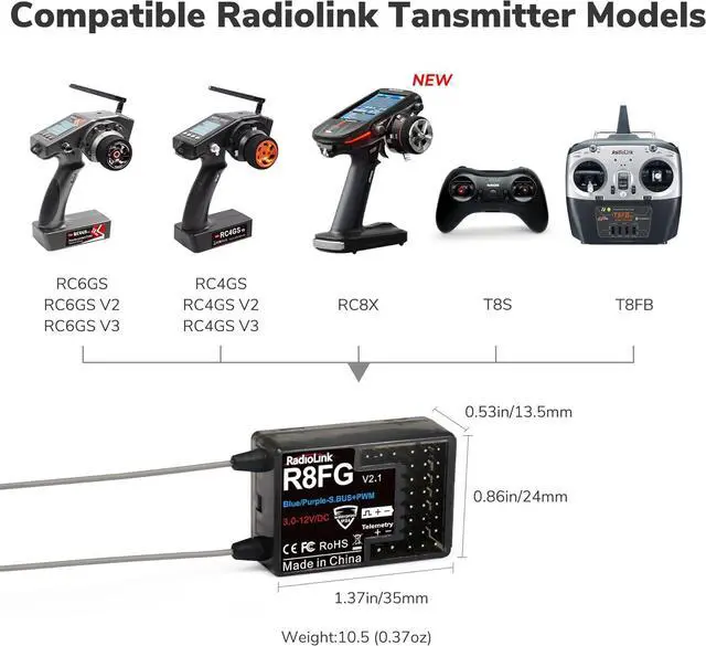 Alt view image 4 of 7 - Radiolink R8FG V2.1 8 Channels Gyro Receiver 2pcs, 2.4GHz 600m Long Range Control Voltage Telemetry, Water-Splash RX for RC Remote Controller RC8X/RC6GS V3/RC4GS V3 RC Crawler Car Boat