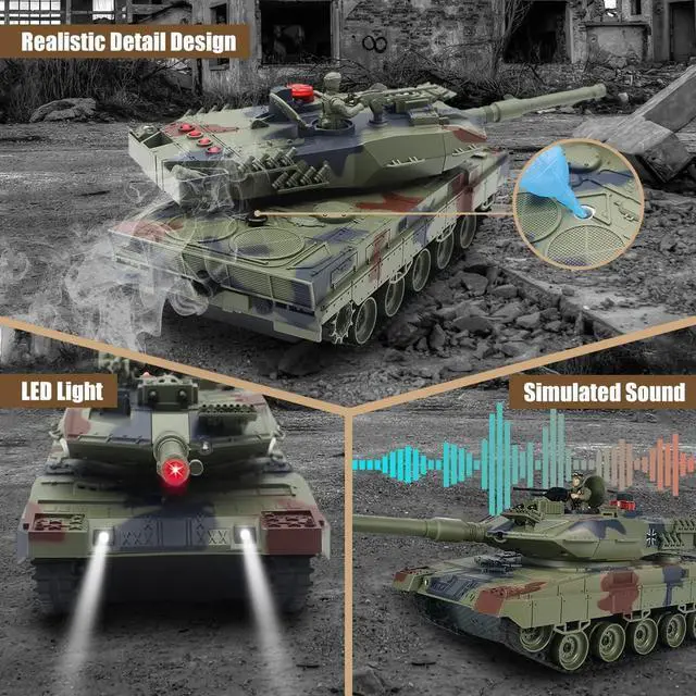 Alt view image 3 of 6 - Fistone RC Battle Tank Set, 1/24 Scale 2.4G Remote Control T90 Tank and Leopard Battle Tank with Realistic Sounds, Lights, Life Indicators and Spray Military Toys for Kids and Adults