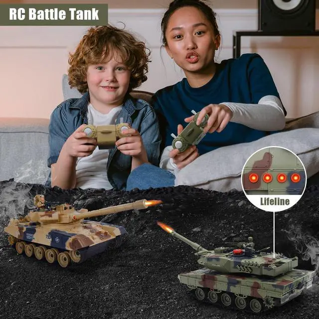 Alt view image 6 of 6 - Fistone RC Battle Tank Set, 1/24 Scale 2.4G Remote Control T90 Tank and Leopard Battle Tank with Realistic Sounds, Lights, Life Indicators and Spray Military Toys for Kids and Adults