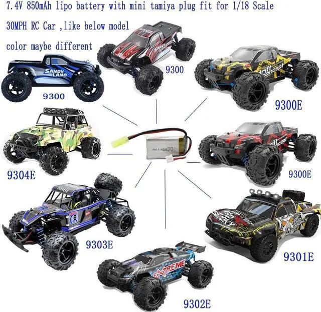 Alt view image 2 of 7 - Blomiky 2 Pack 7.4V 850mAh 6.29Wh Li-PO Rechargeable Battery with Mini Tamiya Plug fit for 1/18 Scale 9310 9300 9301E 9302E 9303E 9034E 9305E RC Car Truck 9300 850 2
