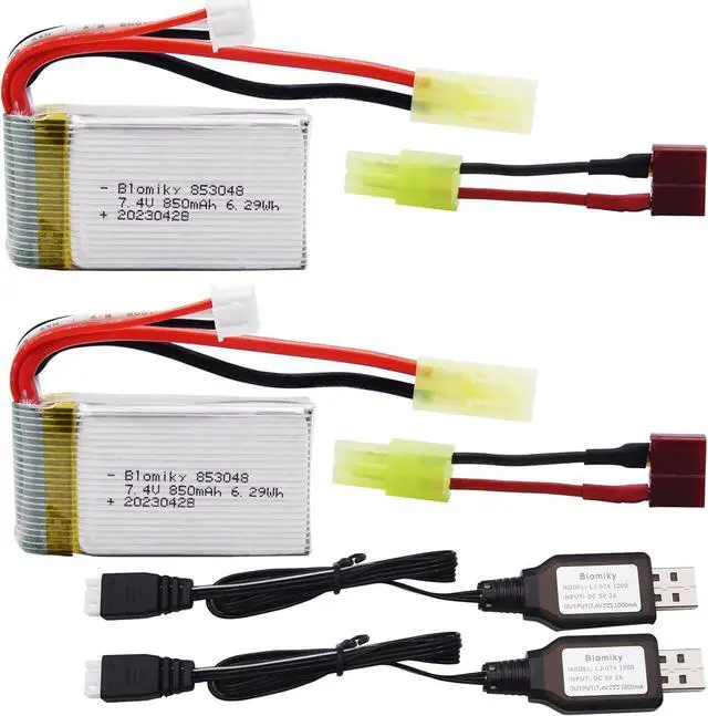 Alt view image 3 of 7 - Blomiky 2 Pack 7.4V 850mAh 6.29Wh Li-PO Rechargeable Battery with Mini Tamiya Plug fit for 1/18 Scale 9310 9300 9301E 9302E 9303E 9034E 9305E RC Car Truck 9300 850 2