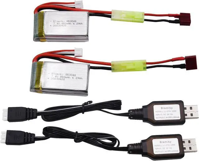 Alt view image 6 of 7 - Blomiky 2 Pack 7.4V 850mAh 6.29Wh Li-PO Rechargeable Battery with Mini Tamiya Plug fit for 1/18 Scale 9310 9300 9301E 9302E 9303E 9034E 9305E RC Car Truck 9300 850 2