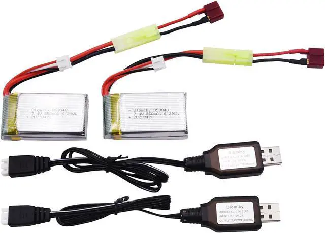 Alt view image 7 of 7 - Blomiky 2 Pack 7.4V 850mAh 6.29Wh Li-PO Rechargeable Battery with Mini Tamiya Plug fit for 1/18 Scale 9310 9300 9301E 9302E 9303E 9034E 9305E RC Car Truck 9300 850 2