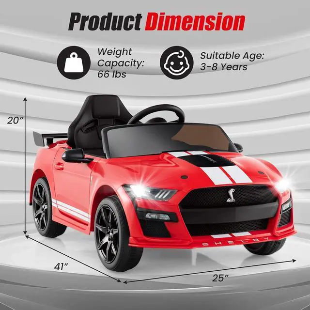 Alt view image 6 of 7 - Licensed Ford Mustang GT500 Ride on Car for Kids by INFANS, Battery Powered Electric Vehicle with Remote Control, Headlight, Power Display, USB, Music, Electric Car for Kids to Drive Age 3+ (Red)