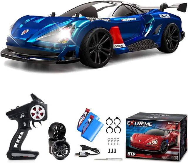 Main image of Remote Control Car RC Drift Car, 1:16 Rechargeable High Speed RC Cars Toys 4WD 2.4GHz Full Scale Blue RC Racing Cars with LED Lights Two Batteries for Boys and Adults
