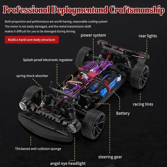 Alt view image 4 of 6 - Remote Control Car RC Drift Car, 1:16 Rechargeable High Speed RC Cars Toys 4WD 2.4GHz Full Scale Blue RC Racing Cars with LED Lights Two Batteries for Boys and Adults
