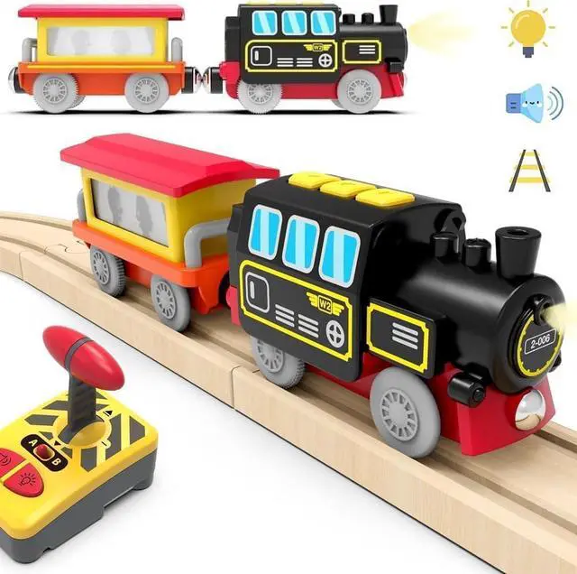 Main image of Motorized Train for Wooden Track, Remote Control Train with Magnetic Connection, Battery Operated Locomotive Train Set Compatible with Thomas, Brio, Chuggington - Train Toys for Toddlers