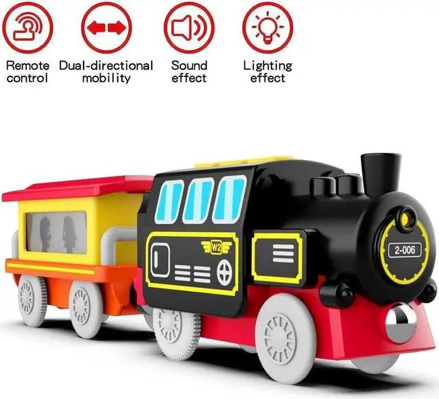 Alt view image 4 of 6 - Motorized Train for Wooden Track, Remote Control Train with Magnetic Connection, Battery Operated Locomotive Train Set Compatible with Thomas, Brio, Chuggington - Train Toys for Toddlers