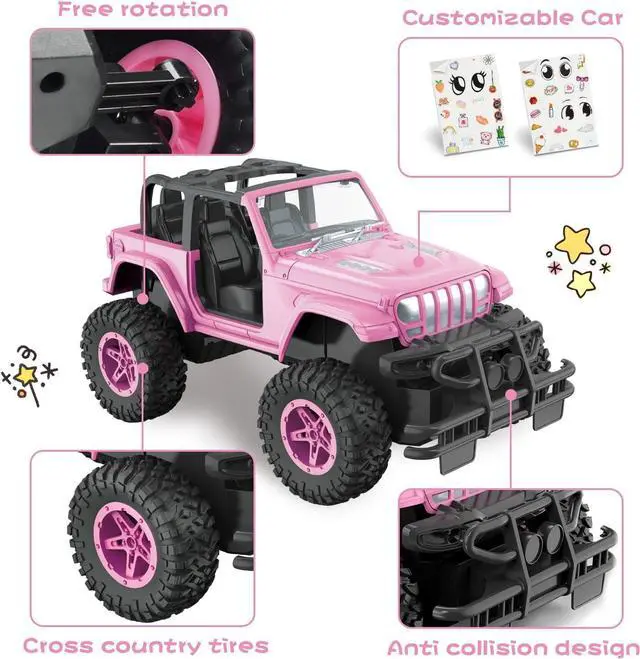 Alt view image 4 of 7 - NQD Pink RC Cars 1:16 Scale with DIY Sticker, Remote Control Car for Girls, 80 Min Play 2.4Ghz Jeep RC Trucks,Little Girl Toys Gifts for 4-5 6-7 8-10 Years Old