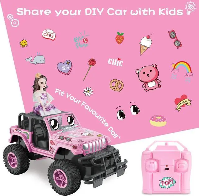 Alt view image 5 of 7 - NQD Pink RC Cars 1:16 Scale with DIY Sticker, Remote Control Car for Girls, 80 Min Play 2.4Ghz Jeep RC Trucks,Little Girl Toys Gifts for 4-5 6-7 8-10 Years Old