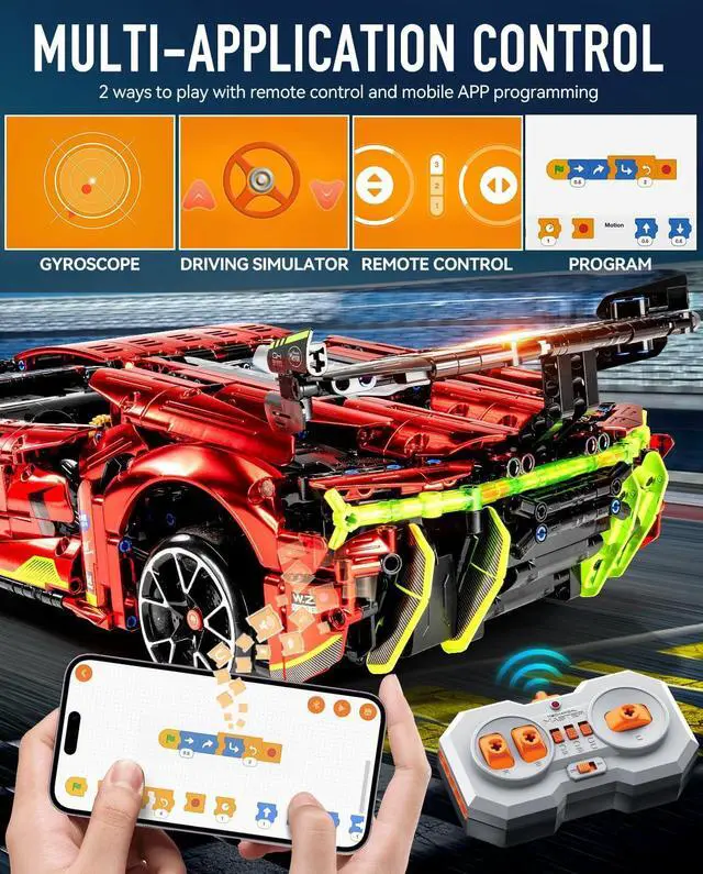 Alt view image 2 of 6 - BAV Plated Sports Car Building Sets with Electric Chassis Lifting, Colletible Building Model for Adults, 1:10 Scale Electric Driftable Remote Control Technic Sports Car for Adults Men Teens.