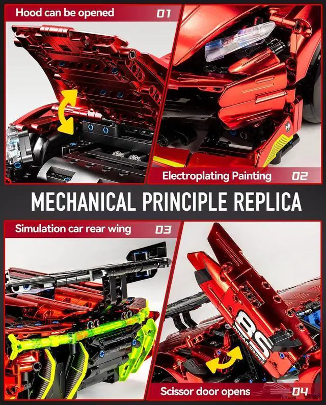 Alt view image 4 of 6 - BAV Plated Sports Car Building Sets with Electric Chassis Lifting, Colletible Building Model for Adults, 1:10 Scale Electric Driftable Remote Control Technic Sports Car for Adults Men Teens.
