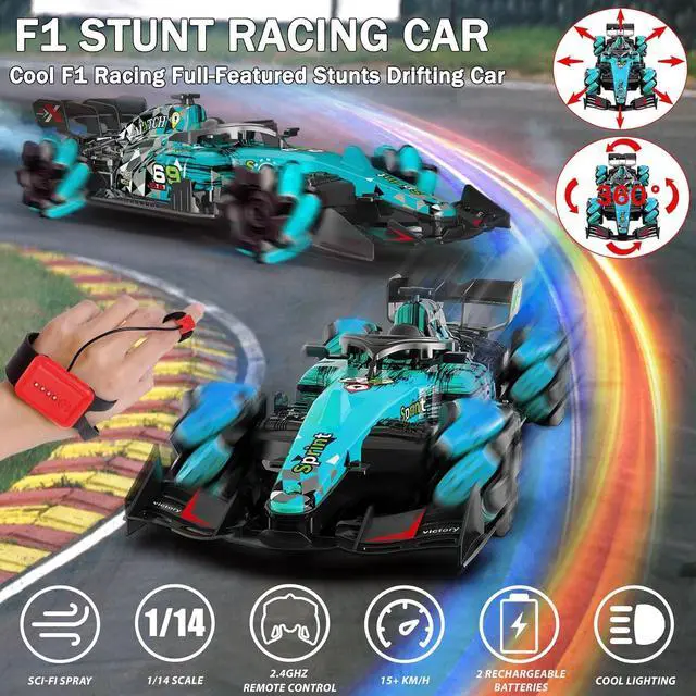 Alt view image 2 of 6 - Gesture Sensing Remote Control Car, F1 RC Stunt Car 1:14 Scale 4WD 2.4GHz 360 ° Rotating RC Cars Toy for Kids with Spray Lights RC Drift Car Boys Girls Gifts Birthday Xmas for 6-12 Year Old