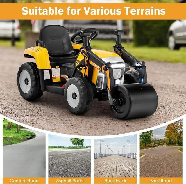 Alt view image 5 of 7 - HONEY JOY Ride On Car, 12V Electric Road Roller with Remote Control, Battery Powered Toddler Tractor with Adjustable Drum Roller, Horn & Music, Headlight, Ride On Construction Vehicle for Kids(Yellow)