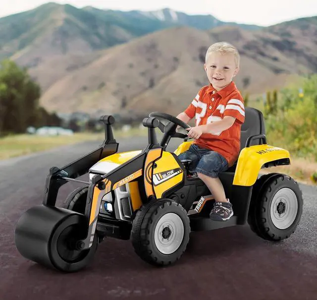 Alt view image 7 of 7 - HONEY JOY Ride On Car, 12V Electric Road Roller with Remote Control, Battery Powered Toddler Tractor with Adjustable Drum Roller, Horn & Music, Headlight, Ride On Construction Vehicle for Kids(Yellow)