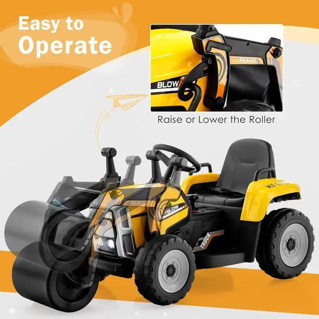 Alt view image 2 of 7 - HONEY JOY Ride On Car, 12V Electric Road Roller with Remote Control, Battery Powered Toddler Tractor with Adjustable Drum Roller, Horn & Music, Headlight, Ride On Construction Vehicle for Kids(Yellow)