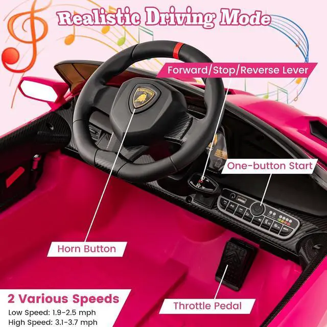 Alt view image 2 of 7 - Costzon Pink Lamborghini Ride on Car, 12V Battery Powered 4WD Lambo Kids Car with Remote Control, 3 Speeds, Dual Doors, LED Lights, Horn, Music, Licensed Electric Vehicle for Toddlers Girls Kids Gift