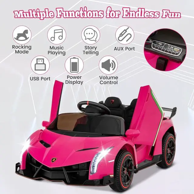 Alt view image 3 of 7 - Costzon Pink Lamborghini Ride on Car, 12V Battery Powered 4WD Lambo Kids Car with Remote Control, 3 Speeds, Dual Doors, LED Lights, Horn, Music, Licensed Electric Vehicle for Toddlers Girls Kids Gift
