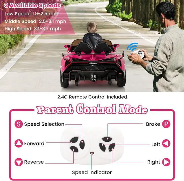 Alt view image 5 of 7 - Costzon Pink Lamborghini Ride on Car, 12V Battery Powered 4WD Lambo Kids Car with Remote Control, 3 Speeds, Dual Doors, LED Lights, Horn, Music, Licensed Electric Vehicle for Toddlers Girls Kids Gift