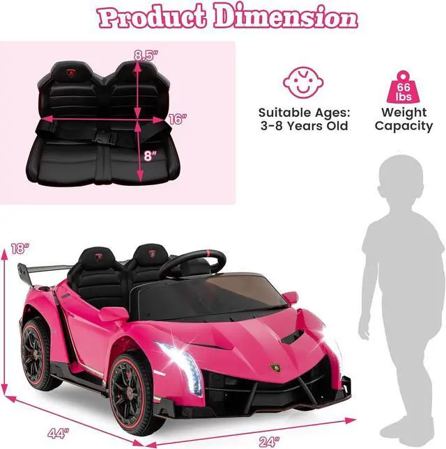 Alt view image 6 of 7 - Costzon Pink Lamborghini Ride on Car, 12V Battery Powered 4WD Lambo Kids Car with Remote Control, 3 Speeds, Dual Doors, LED Lights, Horn, Music, Licensed Electric Vehicle for Toddlers Girls Kids Gift