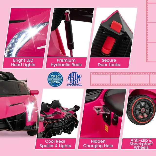 Alt view image 7 of 7 - Costzon Pink Lamborghini Ride on Car, 12V Battery Powered 4WD Lambo Kids Car with Remote Control, 3 Speeds, Dual Doors, LED Lights, Horn, Music, Licensed Electric Vehicle for Toddlers Girls Kids Gift