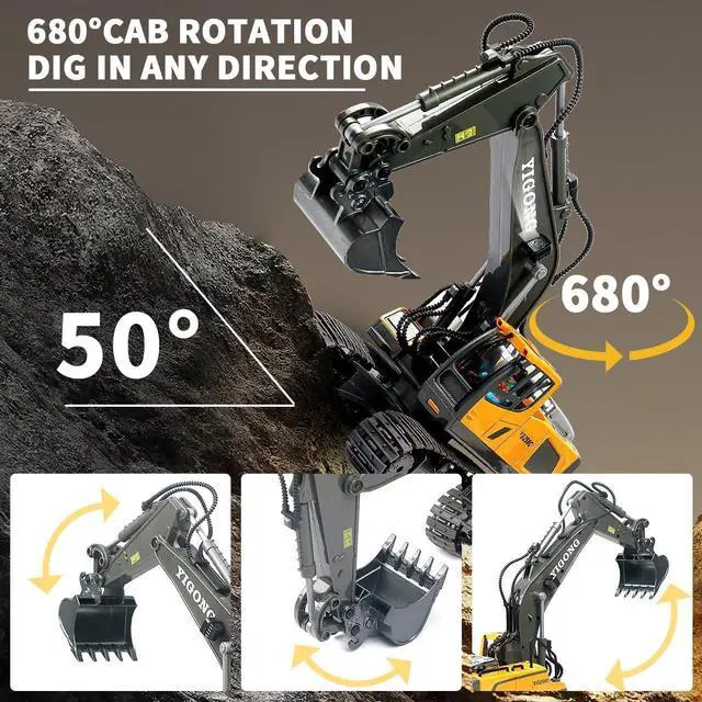 Alt view image 6 of 7 - Remote Control Excavator Toy, Present for 4 5 6 7 8 9 10 11 Year Old, RC Construction Toys with Metal Shovel, Lights, Sounds, 2.4Ghz, Turns 680 Degree - Bigger 1/18 Scale Toys