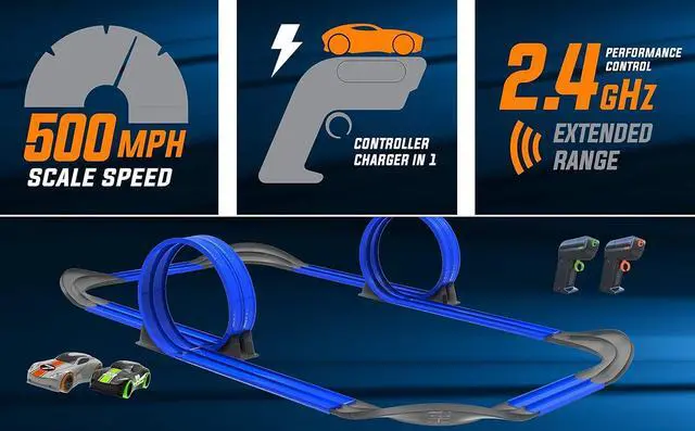 Alt view image 3 of 7 - Remote Control Cordless Glow in The Dark High-Speed Super Loop Speedway Track Set with Two Cars for Dual Racing, Glow Blue