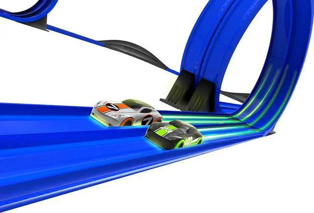 Alt view image 6 of 7 - Remote Control Cordless Glow in The Dark High-Speed Super Loop Speedway Track Set with Two Cars for Dual Racing, Glow Blue
