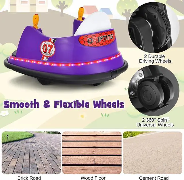 Alt view image 4 of 7 - Costzon Bumper Car for Kids, 12V Electric Toddler Bumping Car with Remote Control, Dual Joysticks, 360 Spin, Music, Flashing Lights, Slow Star, Kids Bumper Car Ride on Toy for Boy Girl Gift (Purple)