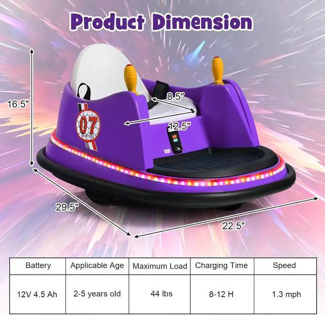 Alt view image 6 of 7 - Costzon Bumper Car for Kids, 12V Electric Toddler Bumping Car with Remote Control, Dual Joysticks, 360 Spin, Music, Flashing Lights, Slow Star, Kids Bumper Car Ride on Toy for Boy Girl Gift (Purple)