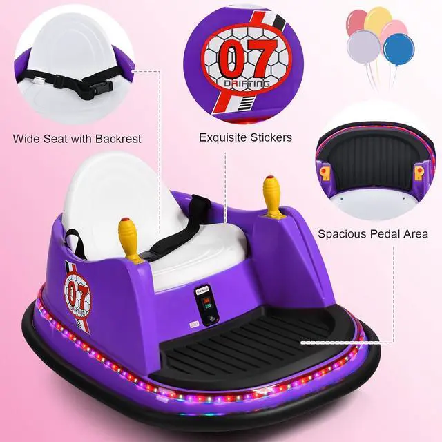 Alt view image 7 of 7 - Costzon Bumper Car for Kids, 12V Electric Toddler Bumping Car with Remote Control, Dual Joysticks, 360 Spin, Music, Flashing Lights, Slow Star, Kids Bumper Car Ride on Toy for Boy Girl Gift (Purple)
