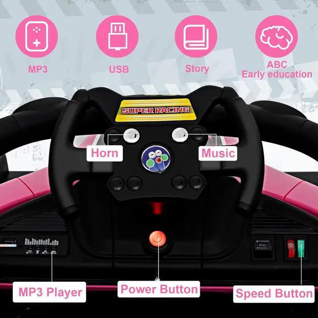 Alt view image 3 of 7 - OLAKIDS 12V Ride On Car for Kids, F1 Racing Electric Vehicle for Toddlers with Remote Control, Battery Powered Motorized Toy with Music, Horn, 2 Speeds, Wheels Suspension, LED Lights, MP3 (Pink)