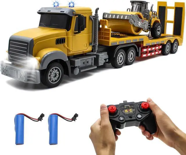 Main image of Fistone RC Semi Truck with Trailer, 1:24 RC Semi-Trailer Engineering Tractor with Sound and Lights, 2.4Ghz Remote Control Flatbed Truck with Road Roller Toys, Construction Vehicles Toy for Boys
