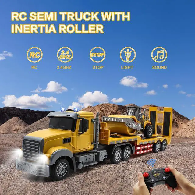 Alt view image 2 of 7 - Fistone RC Semi Truck with Trailer, 1:24 RC Semi-Trailer Engineering Tractor with Sound and Lights, 2.4Ghz Remote Control Flatbed Truck with Road Roller Toys, Construction Vehicles Toy for Boys