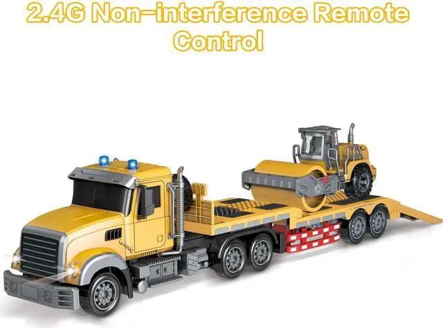 Alt view image 4 of 7 - Fistone RC Semi Truck with Trailer, 1:24 RC Semi-Trailer Engineering Tractor with Sound and Lights, 2.4Ghz Remote Control Flatbed Truck with Road Roller Toys, Construction Vehicles Toy for Boys
