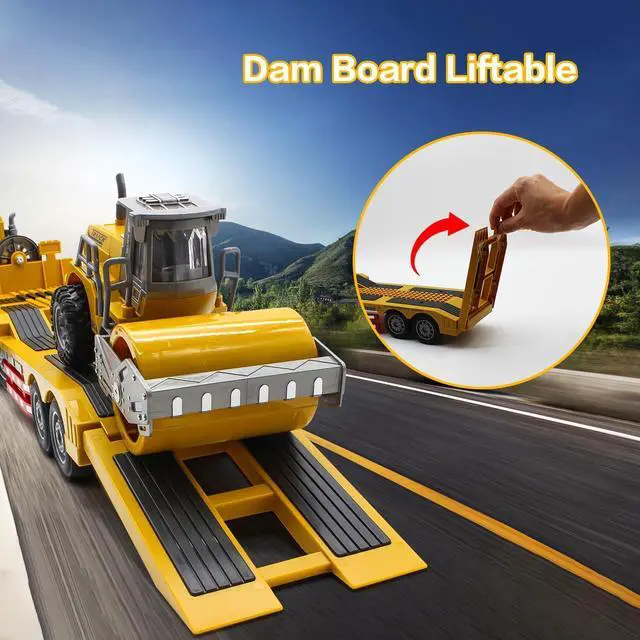 Alt view image 3 of 7 - Fistone RC Semi Truck with Trailer, 1:24 RC Semi-Trailer Engineering Tractor with Sound and Lights, 2.4Ghz Remote Control Flatbed Truck with Road Roller Toys, Construction Vehicles Toy for Boys