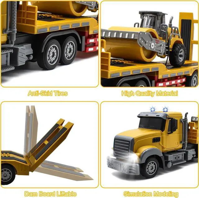 Alt view image 5 of 7 - Fistone RC Semi Truck with Trailer, 1:24 RC Semi-Trailer Engineering Tractor with Sound and Lights, 2.4Ghz Remote Control Flatbed Truck with Road Roller Toys, Construction Vehicles Toy for Boys