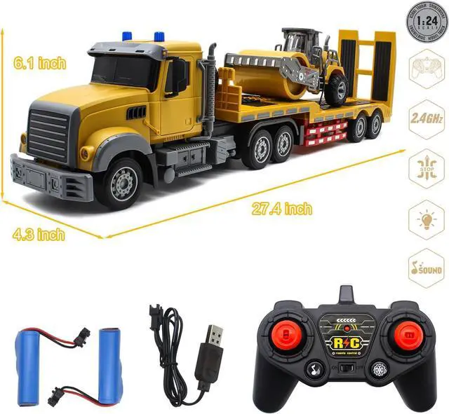 Alt view image 7 of 7 - Fistone RC Semi Truck with Trailer, 1:24 RC Semi-Trailer Engineering Tractor with Sound and Lights, 2.4Ghz Remote Control Flatbed Truck with Road Roller Toys, Construction Vehicles Toy for Boys