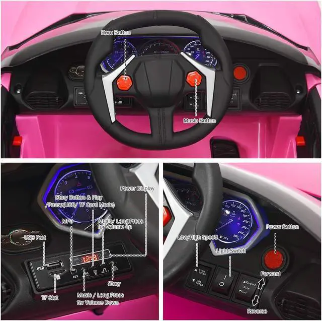 Alt view image 3 of 7 - Costzon Ride on Car, 12V Battery Powered Electric Vehicle w/Manual & Remote Control Modes, LED Lights, Horn, Music, MP3, USB, TF, 3 Speeds, Spring Suspension, Ride on Toy for Boys & Girls (Pink)