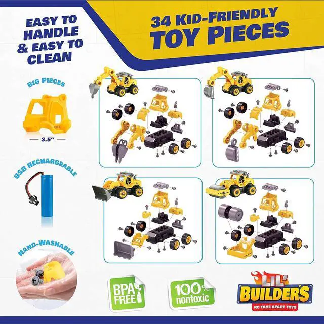 Alt view image 5 of 6 - USA Toyz Lil Builders Take Apart Construction Toy for Kids - 4-in-1 Take Apart Truck with Drill, 34pc RC Truck STEM Toy Construction Vehicle Building Take Apart Toys with Electric Drill Remote Control