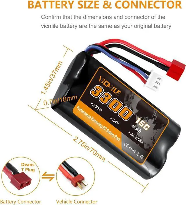 Alt view image 2 of 7 - 7.4V Li-ion Battery 3300mAh High Capacity RC Battery with Deans T Plug 2S Rechargeable Battery with 1 to 2 USB Charger Fit for WLtoys 4WD High Speed RC Cars Most 1/10, 1/12, 1/16 Scale Trucks