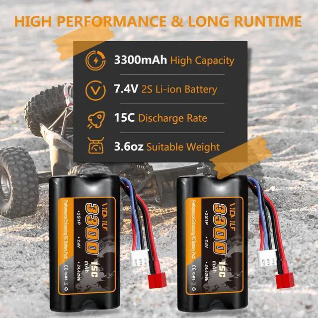 Alt view image 3 of 7 - 7.4V Li-ion Battery 3300mAh High Capacity RC Battery with Deans T Plug 2S Rechargeable Battery with 1 to 2 USB Charger Fit for WLtoys 4WD High Speed RC Cars Most 1/10, 1/12, 1/16 Scale Trucks