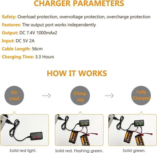 Alt view image 6 of 7 - 7.4V Li-ion Battery 3300mAh High Capacity RC Battery with Deans T Plug 2S Rechargeable Battery with 1 to 2 USB Charger Fit for WLtoys 4WD High Speed RC Cars Most 1/10, 1/12, 1/16 Scale Trucks