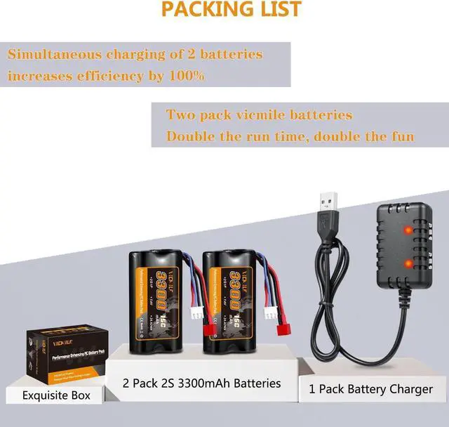 Alt view image 7 of 7 - 7.4V Li-ion Battery 3300mAh High Capacity RC Battery with Deans T Plug 2S Rechargeable Battery with 1 to 2 USB Charger Fit for WLtoys 4WD High Speed RC Cars Most 1/10, 1/12, 1/16 Scale Trucks