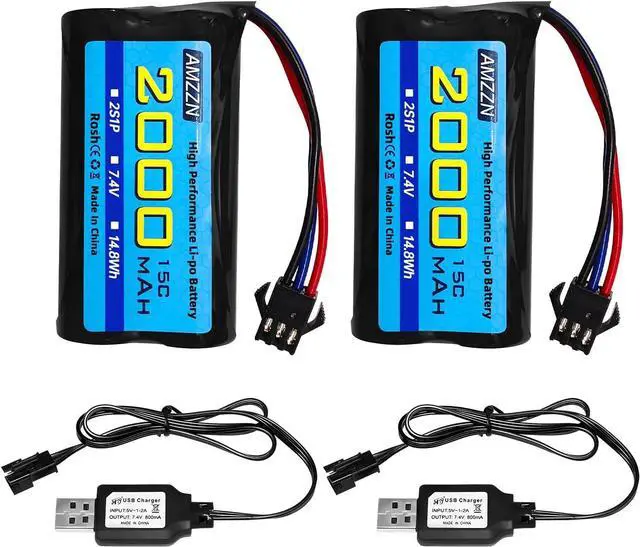 Main image of 2PCS 7.4V 2000mAh 15C 2S SM-3P Plug Lipo Battery with USB Charging Cable for DE43 DE60 9500E RC Car Truck Huina 1575 RC Engineering Vehicle RC Toy Car Battery (2PCS Battery+2USB)