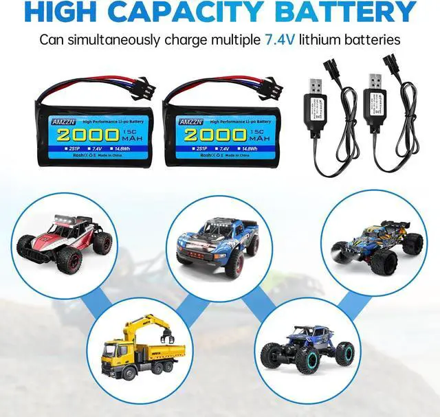 Alt view image 2 of 7 - 2PCS 7.4V 2000mAh 15C 2S SM-3P Plug Lipo Battery with USB Charging Cable for DE43 DE60 9500E RC Car Truck Huina 1575 RC Engineering Vehicle RC Toy Car Battery (2PCS Battery+2USB)