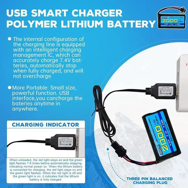 Alt view image 4 of 7 - 2PCS 7.4V 2000mAh 15C 2S SM-3P Plug Lipo Battery with USB Charging Cable for DE43 DE60 9500E RC Car Truck Huina 1575 RC Engineering Vehicle RC Toy Car Battery (2PCS Battery+2USB)