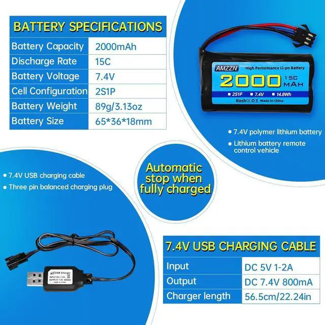 Alt view image 3 of 7 - 2PCS 7.4V 2000mAh 15C 2S SM-3P Plug Lipo Battery with USB Charging Cable for DE43 DE60 9500E RC Car Truck Huina 1575 RC Engineering Vehicle RC Toy Car Battery (2PCS Battery+2USB)